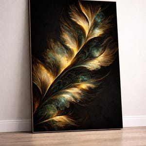 May include: Abstract art print with a feather design. The artwork features a dark background with a golden, teal, and brown feather-like pattern. The framed canvas is leaning against a white wall and wooden floor.