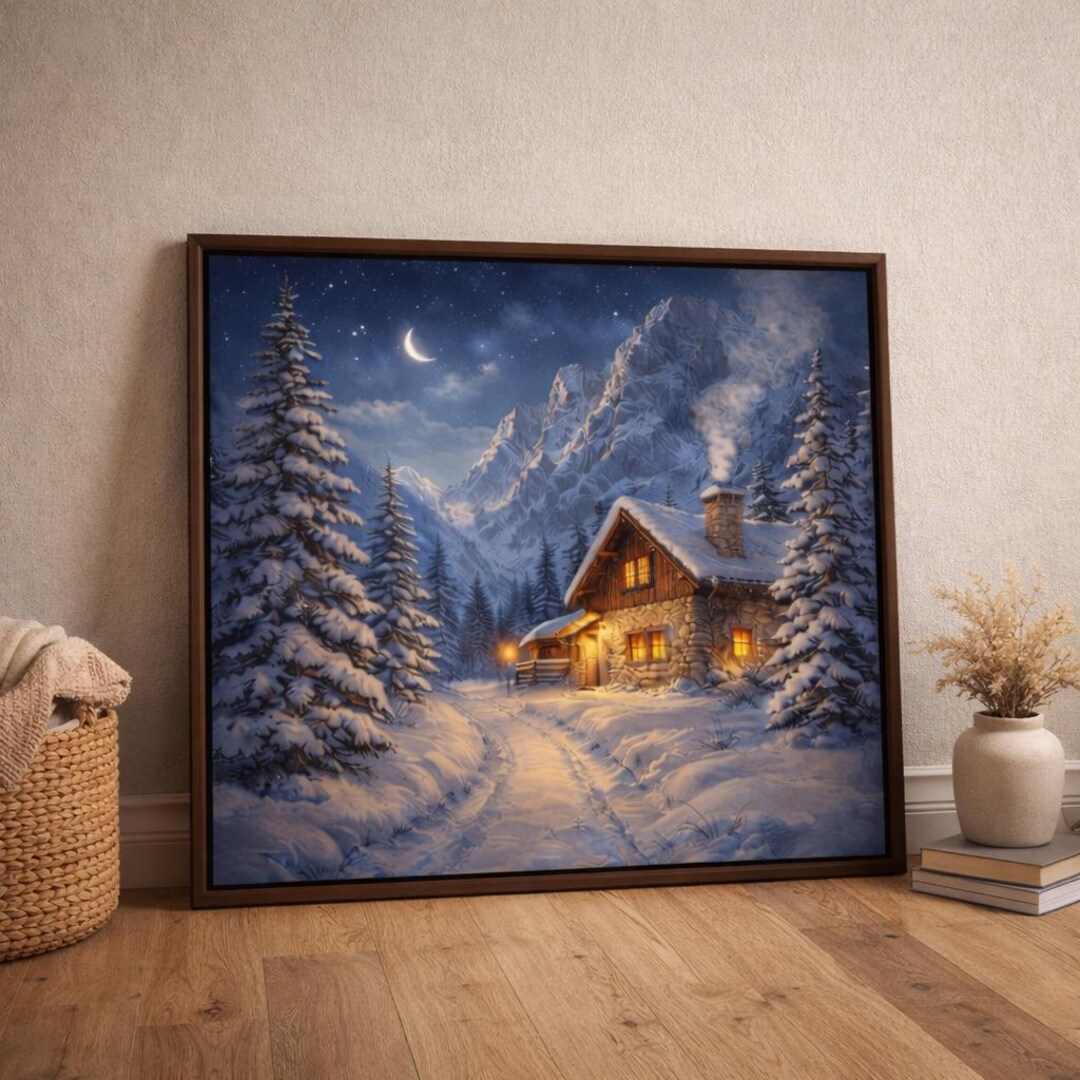 Cozy Winter Cabin Wall Art Printable, Snowy Mountain Night Scene ...