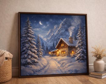 Snowy Mountain Cabin Wall Art: Cozy Winter Night Digital Download