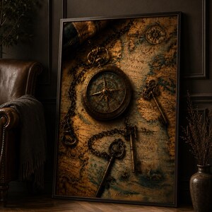 Peut inclure: Impression encadrée d'une carte vintage avec une boussole, des clés et des chaînes. L'œuvre a une teinte sépia avec des accents dorés, créant une esthétique antique. Les détails de la carte sont visibles, ajoutant au thème historique. Le cadre est noir.