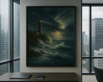 Stormy Lighthouse Wall Art: Moody Ocean Printable Digital Download