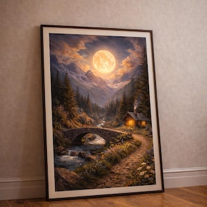 May include: Framed landscape art print depicting a serene mountain scene at dusk. A full moon illuminates the sky above a river, stone bridge, and a cozy cabin. The artwork features a warm color palette with detailed brushstrokes.