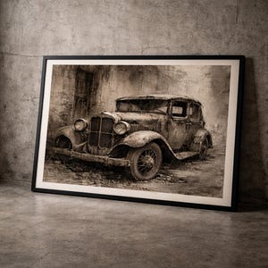 May include: Framed sepia-toned print of a vintage car. The classic automobile, likely from the early 20th century, is depicted in a weathered state, suggesting age and history. The artwork is framed in a black border, adding a touch of elegance to the antique aesthetic.