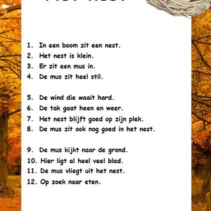 Op de afbeelding: Een wit educatief blad met de titel Het nest, voorzien van een illustratie van een vogelnest met drie witte eieren. De tekst bevat twaalf genummerde zinnen in het Nederlands over een mus in een boom, tegen een herfstbosachtergrond.