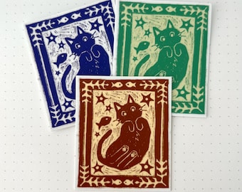 3 Linocut Cat Sticker Bundle - cute cat, laptop sticker, graphic, stationery, cartoon stickers