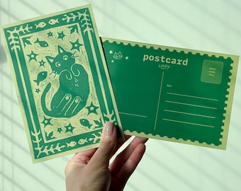 Linocut Cat Postcard (Green) - cute cat, art print, graphic, stationery