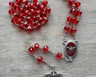 Handcrafted Red Crystal Rosary with Holy Spirit Center Medal and Silver Crucifix