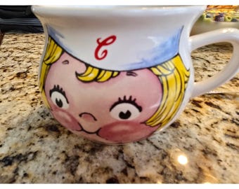 Caneca de cerâmica vintage Campbell Soup Kid Girl, 1998, cor Houston Harvest, 414 ml (14 oz), branca, modelo Houston Harvest.