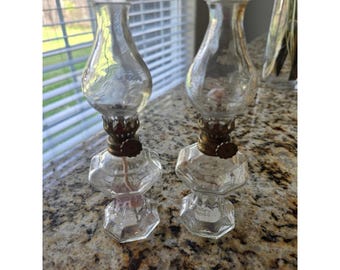 Lámparas de aceite miniatura vintage Princess House, par de lámparas de vidrio transparente grabado de 6,5 pulgadas