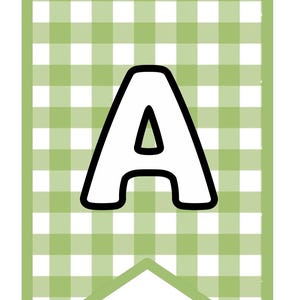 Banner imprimible con alfabeto y estampado de cuadros verdes para primavera, ideal para tablones de anuncios o decoración de fiestas. Descarga instantánea en PDF. ¡Hazlo tú mismo!
