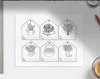 Printable Black and While Spring Flower Tags Set of 12 tags Instant Download PDF