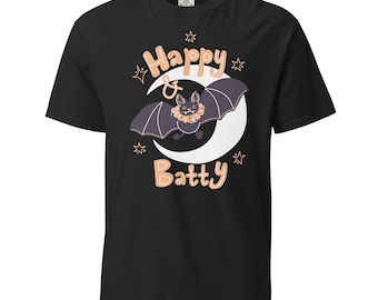 Happy Batty Halloween Shirt: Moon Bat Graphic Tee, Unisex Comfort Colors Cotton