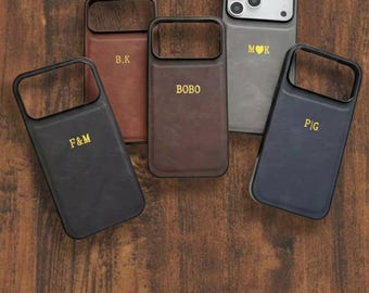 iPhone-hoesje van imitatieleer met reliëf, aangepaste goudfolienaam