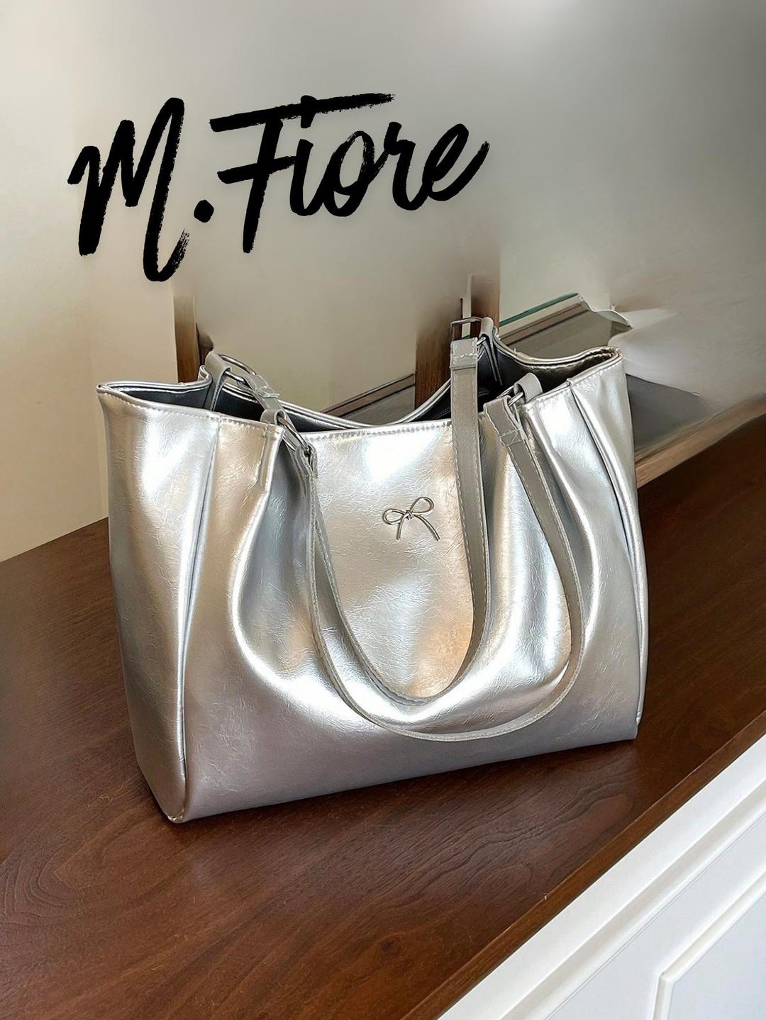 Silver Metallic Tote Bag, Shiny Shoulder Handbag, Minimalist Chic