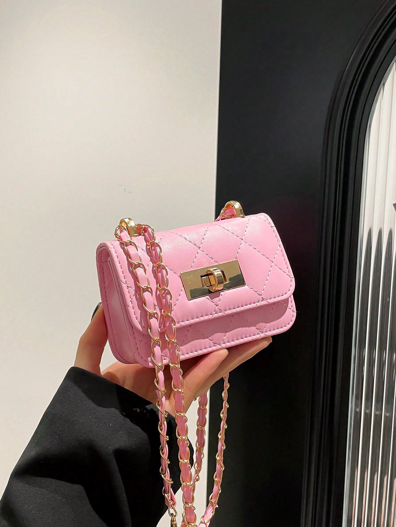 Pink Quilted Mini Crossbody Bag With Gold Chain | Cute Small Pink Quilted Mini Crossbody Bag With Gold Chain | Cute Small