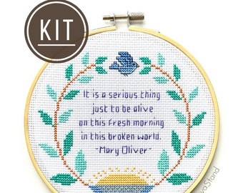 KIT Mary Oliver Poetry, Invitation Poem, Modern Cross Stitch Embroidery Kit, DIY Kits for Adults, Needlepoint Wall Art, Inspirational Quote