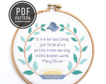 PATTERN Invitation Poem, Mary Oliver Poetry Wall Art, Inspirational Quote, Modern Counted Cross Stitch Embroidery PDF Pattern, Needlepoint