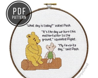 PATTERN What Day is Today, Pooh & Piglet, Funny Modern Counted Cross Stitch Pattern PDF, Mature Embroidery, Adult Xstitch, Meme