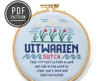 PATTERN Uitwaaien Sampler, DIY Modern Counted Cross Stitch Embroidery PDF Pattern, Word Definition Xstitch, Dutch Art, Word Translations