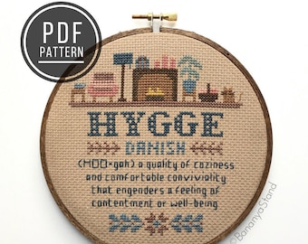 PATTERN Hygge Sampler, DIY Modern Counted Cross Stitch Embroidery PDF Pattern, Word Definition Xstitch, Cozy Needlepoint, Danish Art