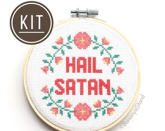 KIT Hail Satan, Funny DIY Modern Counted Cross Stitch Kit for Adults, Beginner Embroidery, Subversive Goth Needlepoint, Halloween Sampler