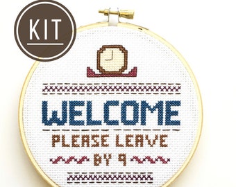 KIT Welcome Please Leave By 9, Housewarming Gift, Introvert, Funny Modern Cross Stitch Embroidery Kit, DIY Kits for Adults, Needlepoint Kit