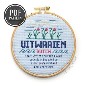 PATTERN Uitwaaien Sampler, DIY Modern Counted Cross Stitch Embroidery PDF Pattern, Word Definition Xstitch, Dutch Art, Word Translations