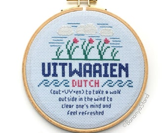 Uitwaaien Sampler, Completed Modern Cross Stitch Embroidery Hoop Art, Word Definition Wall Art, Dutch Decor, Word Nerd Gift, Foreign Words