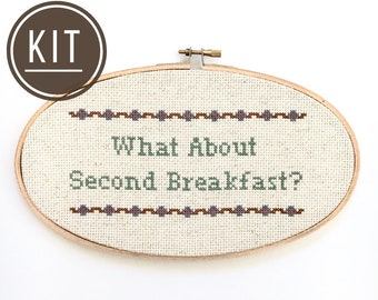 KIT What About Second Breakfast, Modern Cross Stitch Embroidery Kit, DIY Kits for Adults, Nerdy Needlepoint, Kitchen Wall Art Decor