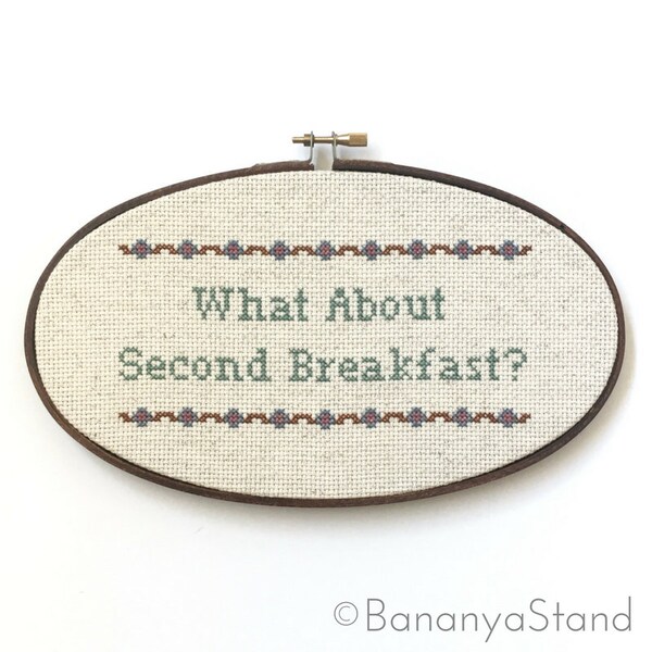 What About Second Breakfast, Kitchen Decor, Completed Cross Stitch Embroidery Hoop Art, Nerdy Needlepoint Gift