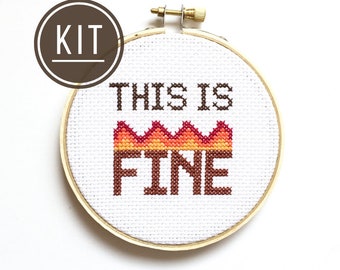 KIT This is Fine Meme, Funny Modern Cross Stitch Kit, DIY Kits for Adults, Beginner Embroidery, Sarcastic Needlepoint, Office Wall Art Decor