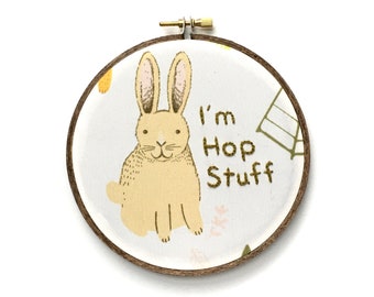 I'm Hop Stuff, Cute Rabbit Art, Funny Modern Completed Embroidery Hoop Art, Subversive Wall Art, Snarky Needlepoint, Unique Pun Gift