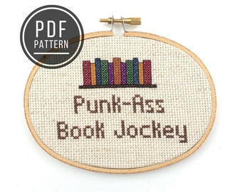 PATTERN Punk Ass Book Jockey, Parks & Recreation Quote, Modern Funny Cross Stitch Pattern PDF, Beginner Embroidery, Book Lover Gift, Library