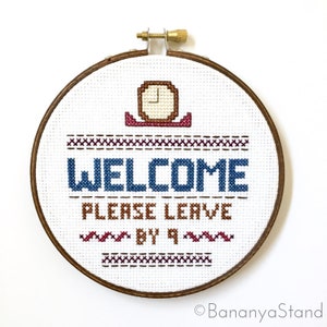 PATTERN Welcome Please Leave By 9, Housewarming Gift, Introvert, Modern Funny Counted Cross Stitch PDF Pattern, Sarcastic Embroidery Decor image 2