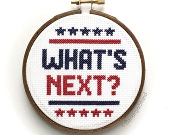 What's Next, Modern Completed Cross Stitch Embroidery Hoop Art, Office Cubicle Wall Decor, Coworker Gift, Motivational Quote, 4"