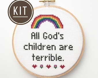 KIT All God's Children Are Terrible, 30 Rock Quote, DIY Funny Modern Counted Cross Stitch Embroidery Kit for Adults, Beginner Needlepoint