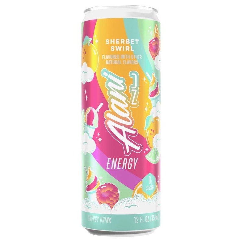 May include: A colorful Alani Energy drink can with a sherbet swirl design. The can features a vibrant mix of pink, yellow, and teal colors, with the words "Sherbet Swirl" and "Energy" prominently displayed. The can is 12 fl oz (355ml).