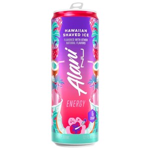 May include: A vibrant energy drink can with a gradient pink and purple background. The can features the text "Alani Nu" in white, along with "Hawaiian Shaved Ice" and "Energy" in bold fonts. The can is 12 fl oz.