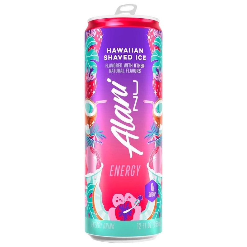 May include: A vibrant energy drink can with a gradient pink and purple background. The can features the text "Alani Nu" in white, along with "Hawaiian Shaved Ice" and "Energy" in bold fonts. The can is 12 fl oz.