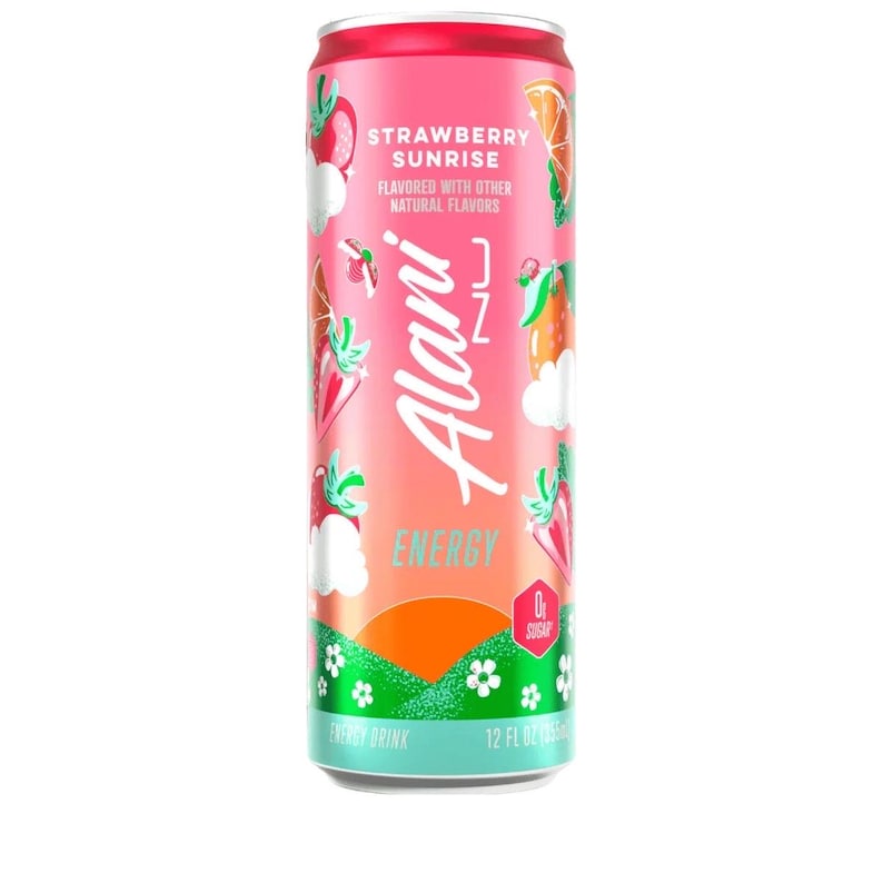 May include: A pink and red Alani Nu energy drink can with the words "Strawberry Sunrise" and "Energy" printed on it. The can features strawberry and orange illustrations, with a green and white floral design at the bottom. It contains 12 fl oz.
