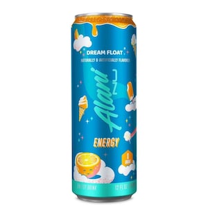 May include: A blue Alani Nu Dream Float energy drink can with orange accents. The can features the text "Dream Float" and "Energy", along with illustrations of ice cream cones and a smiling orange slice. The can contains 12 fl oz.
