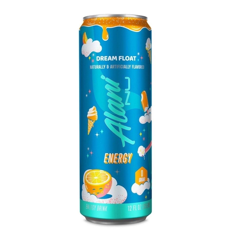 May include: A blue Alani Nu Dream Float energy drink can with orange accents. The can features the text "Dream Float" and "Energy", along with illustrations of ice cream cones and a smiling orange slice. The can contains 12 fl oz.
