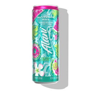 May include: A teal Alani energy drink can with a pink top and bottom. The can features watermelon and tropical leaf designs, with the words "Watermelon Wave" and "Energy Drink" visible. It contains 12 fl oz (355 ml).