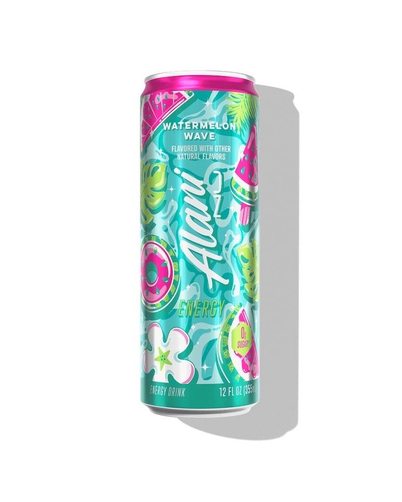 May include: A teal Alani energy drink can with a pink top and bottom. The can features watermelon and tropical leaf designs, with the words "Watermelon Wave" and "Energy Drink" visible. It contains 12 fl oz (355 ml).