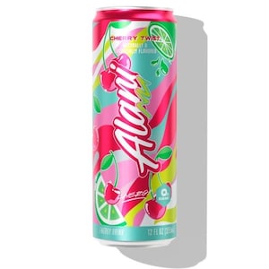 May include: A colorful can of Alani Nu Cherry Twist energy drink. The can features a pink and teal striped background with cherry and lime illustrations. Text includes "Cherry Twist", "Naturally & Artificially Flavored", "Energy Drink", and "12 fl oz (355ml)".
