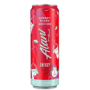 May include: A red aluminum can of Alani Nu Cherry Slush energy drink. The can features the words "Cherry Slush" and "Naturally Flavored" in white text. The Alani Nu logo is in white, with the word "Energy" in white. The can contains 12 fl oz (355ml).