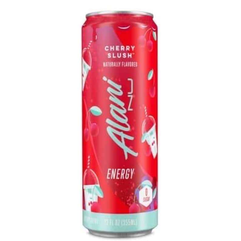 May include: A red aluminum can of Alani Nu Cherry Slush energy drink. The can features the words "Cherry Slush" and "Naturally Flavored" in white text. The Alani Nu logo is in white, with the word "Energy" in white. The can contains 12 fl oz (355ml).