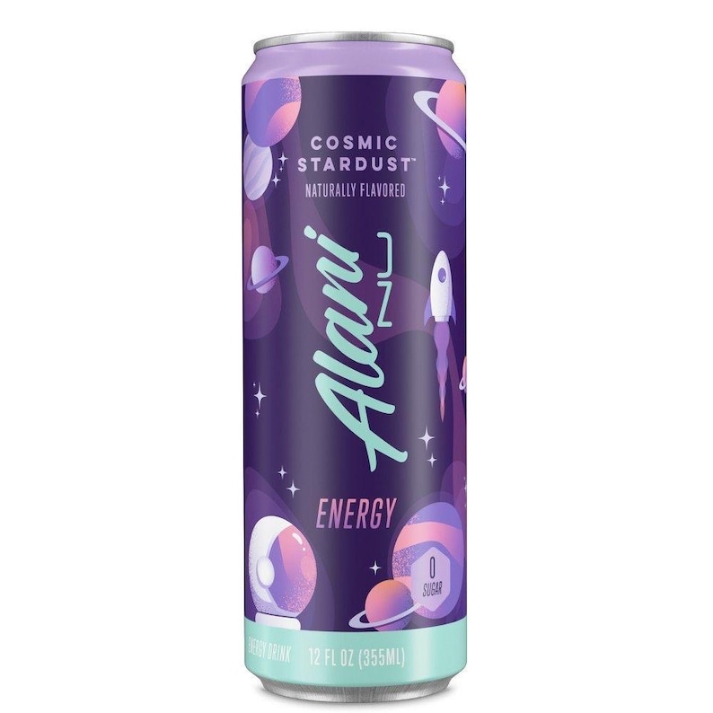 May include: A purple and teal Alani Nu Cosmic Stardust energy drink can. The can features a space-themed design with planets, rockets, and the text "Cosmic Stardust" and "Energy". The can contains 12 fl oz (355ml) of a naturally flavored drink with zero sugar.