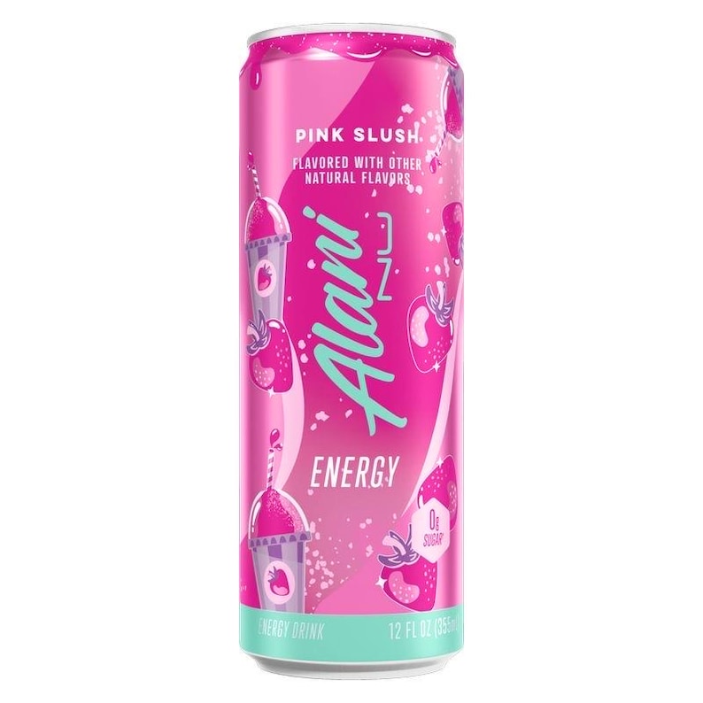May include: A pink Alani Nu Energy drink can with the words "Pink Slush" and "Energy" in white and teal. The can features strawberry and slushy graphics, and states "0g Sugar" and "12 fl oz (355ml)."