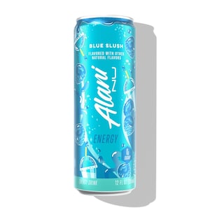 May include: A turquoise Alani Nu energy drink can with the words "Blue Slush" and "Energy" printed on it. The can has a blue slushy graphic and is 12 fl oz.